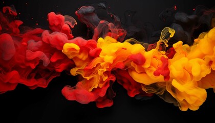 Acrylic red and yellow colors in water, smoke background, Colorful smoke