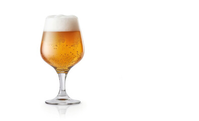 Amber beer in tulip glass. Gose beer in glass on white background with space for text.