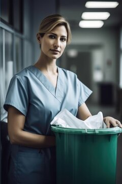 shot of a woman holding a recycling bin at work