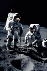 shot of two astronauts working together on the moon
