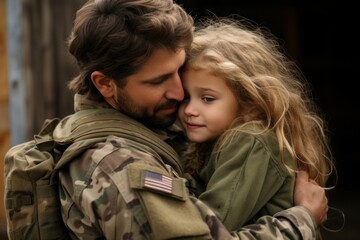 Fototapeta premium Military reunion father daughter love. Generate AI