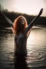 young woman standing with her arm outstretched in the water