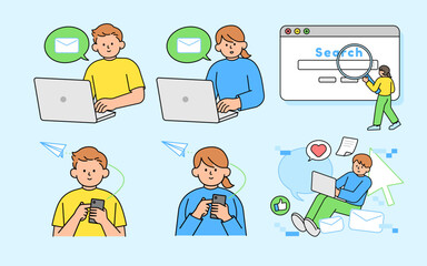 Set of Online Communication, Sending messages, Emails, Cybersecurity. Internet of thing. Simple Vector illustration.