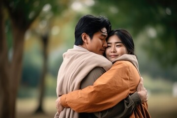 love, happy and couple hug at park for commitment, affectionate and bonding outdoors