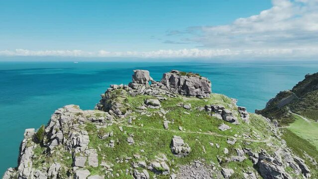 Valley of Rocks from a drone, S W Coast Path, Lynton, Exmoor National Park, Devon, England