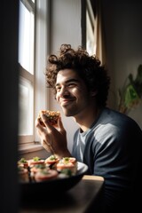 shot of a young man eating sushi at home