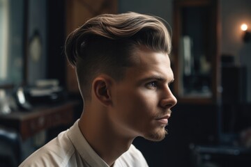 Portrait of a guy in a Barber salon with a fashionable haircut