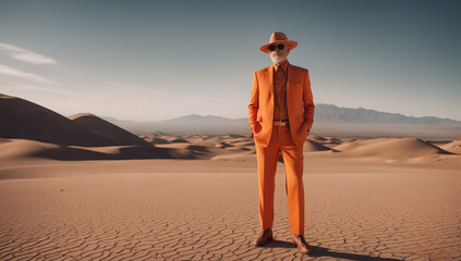 A high-fashion photo featuring an old male model in orange outfit avant-garde futuristic design. Desert landscape as a background.