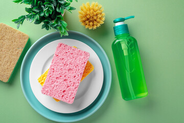 Cleaning sponge on plate with dishwashing liquid soap and  natural brush on green background