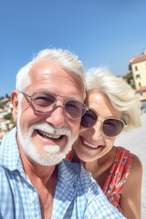 portrait of a senior couple posing for a selfie while on vacation