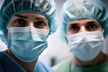 shot of two people wearing surgical masks together