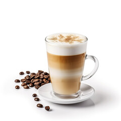 Obraz premium A large transparent glass filled with Latte. Advertisement of coffee shop. Cappuccino on a white background close-up. Roasted coffee beans. Photo for the menu. 