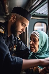Obraz premium shot of a young male paramedic helping a senior woman out of an ambulance