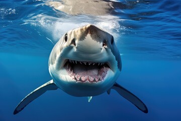 Great white shark underwater view. Shark swimming with scary smile in blue water sea or ocean. Front view.