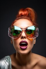 shot of a beautiful young woman wearing futuristic sunglasses and looking surprised