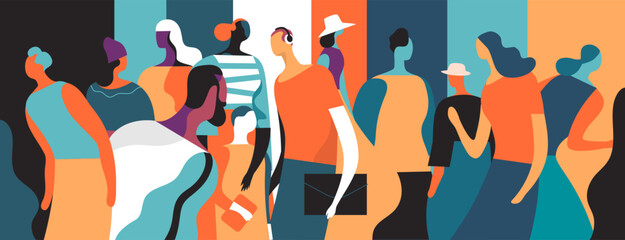 Group of people in society discussing among themselves. Flat and stylized graphics with bright colors. - obrazy, fototapety, plakaty