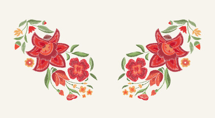 Embroidered red flowers on a white background. Vector floral neckline design. - 638826272