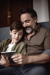 shot of a father and his son playing with a digital tablet on the sofa at home