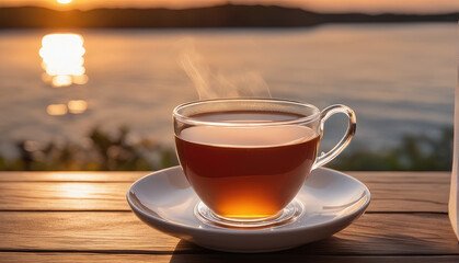 Obraz premium A cup of tea standing on a saucer on the background of a wooden tabletop and a mountain landscape 