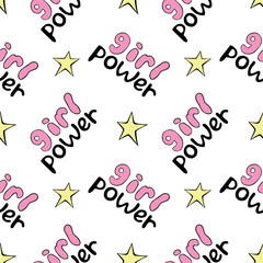 Girl power - hand drawn vector seamless pattern with lettering for your design. Cute background, texture with woman motivational slogan for feminism theme