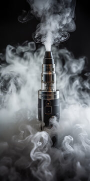 Brendless Vape pod among clouds of smoke on dark background. Creative concept for vertical banner or stories for vape shop. 