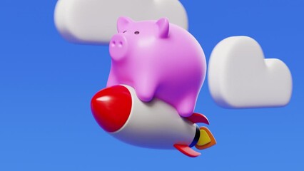 Piggy bank on a top of a rocket going up into the sky. Saving and income growth concept. 3d animation loop ready 