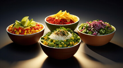 Fast Food Bowls, customizable and healthy fast food bowls, featuring fresh ingredients, vibrant colors, and enticing textures. AI generative