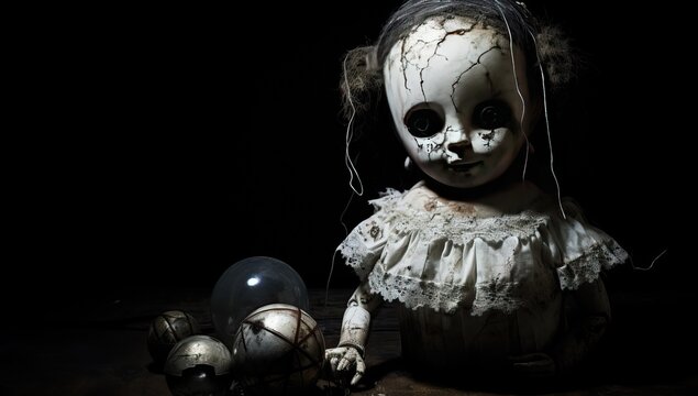Scary halloween concept. Scary little girl with doll face on dark background.