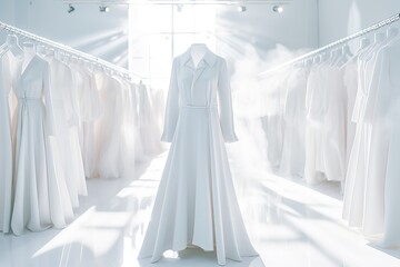 Wedding dress on a hanger in a white room.