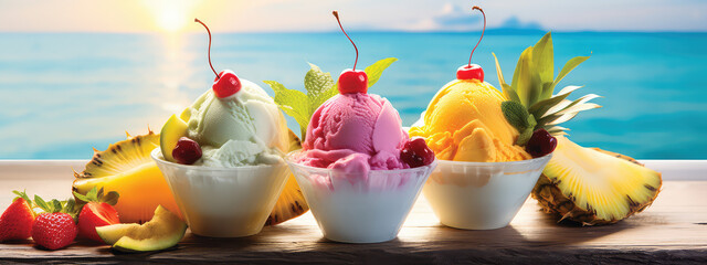 Creative horizontal summer fruity ice cream banner template. Assortment of delicious tropical sorbet and milk ice cream balls. - obrazy, fototapety, plakaty