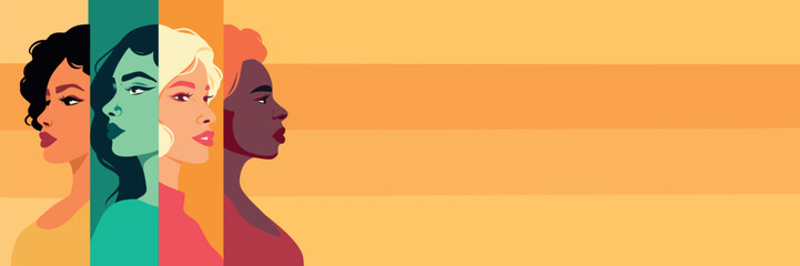 Vector flat banner for women's day, beautiful women of different cultures and nationalities stand side by side. Vector concept of movement for gender equality and women empowerment