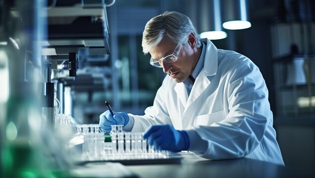 Scientist working in laboratory. Confident mature male researcher carrying out scientific research in lab.