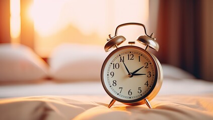 alarm clock on the bed in the morning