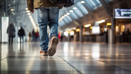 Close-up of legs of a young man walking in the airport - obrazy, fototapety, plakaty