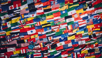 Background of many different flags. The concept of the international community. - obrazy, fototapety, plakaty