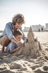 shot of a mother and her little son building a sandcastle
