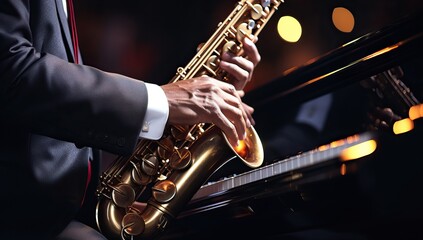 Man playing the saxophone on a dark background. Close-up.