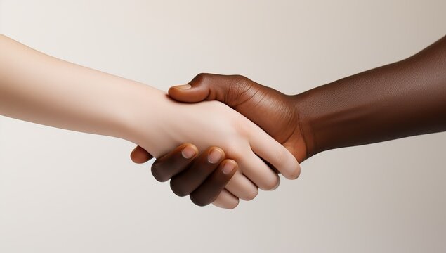 African American and Caucasian hands holding each other on white background, closeup