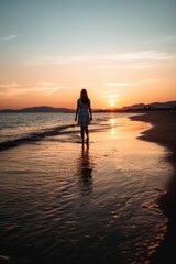 Fototapeta na wymiar rearview shot of a young woman walking along the sea shore during sunset