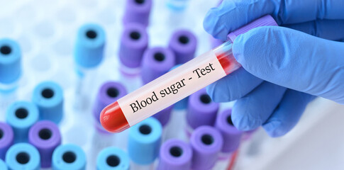 Doctor holding a test blood sample tube with Sugar test on the background of medical test tubes with analyzes.Copy space for text