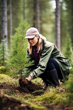 shot of a young female environmentalist planting trees in the forest