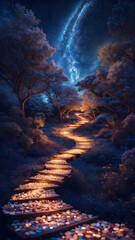 Collage, Clay, Fantasy, Logo, Accent Lighting, Spectral Color, Pencil drawing, Boken effect, Anime, Kitschy, A winding path illuminated by a million stars.