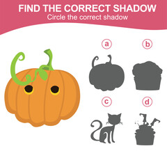 Find the correct shadow of the pumpkins, Jack O’lantern. Matching shadow game for children with Halloween theme. Worksheet for kid. Educational printable worksheet in vector file.