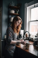 a young woman making coffee while standing in her kitchen