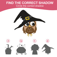 Find the correct shadow of the owl with witch hat. Matching shadow game for children with Halloween theme. Worksheet for kid. Educational printable worksheet in vector file