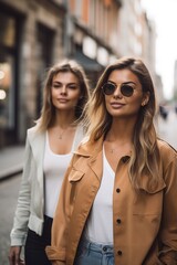 a casual young woman on a stroll in the city with her friend