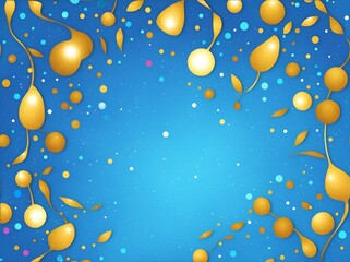 Photo of a festive blue background with golden balloons and streamers