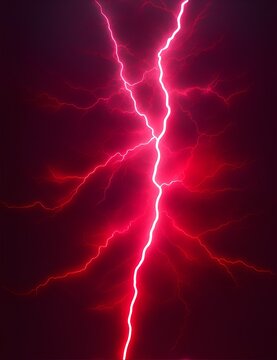 Photo of a dramatic red and black lightning strike illuminating the night sky