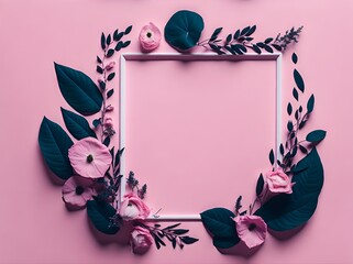Photo of a picture frame surrounded by flowers on a pink background