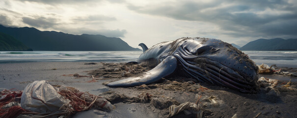 Dead whale lying on the beach amid plastic pollution. Generative Ai
